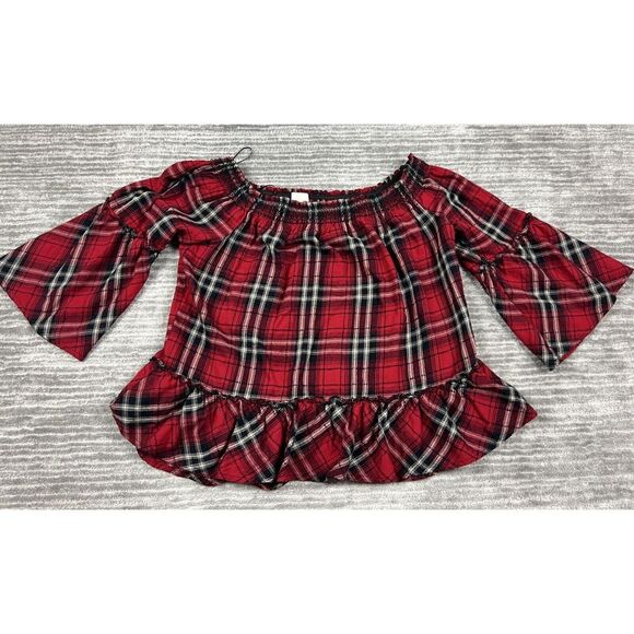 C Label Top Womens Large Red Plaid Off Shoulder 3/4 Sleeve Bohemian Casual‎ - Picture 1 of 12